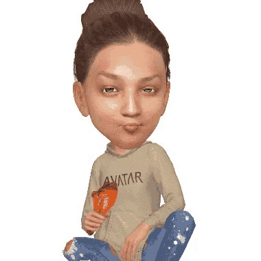 a woman wearing an avatar sweatshirt is eating a piece of food