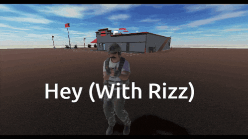 a video game character says hey ( with rizz ) in front of a destroyed building
