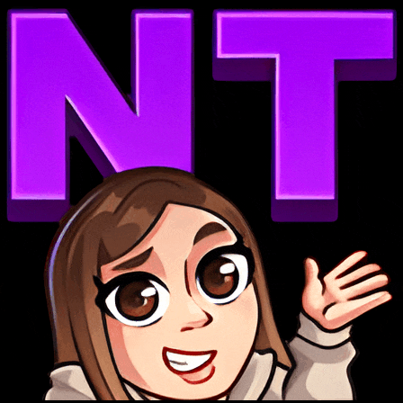 a cartoon girl is waving in front of a large purple letter nt