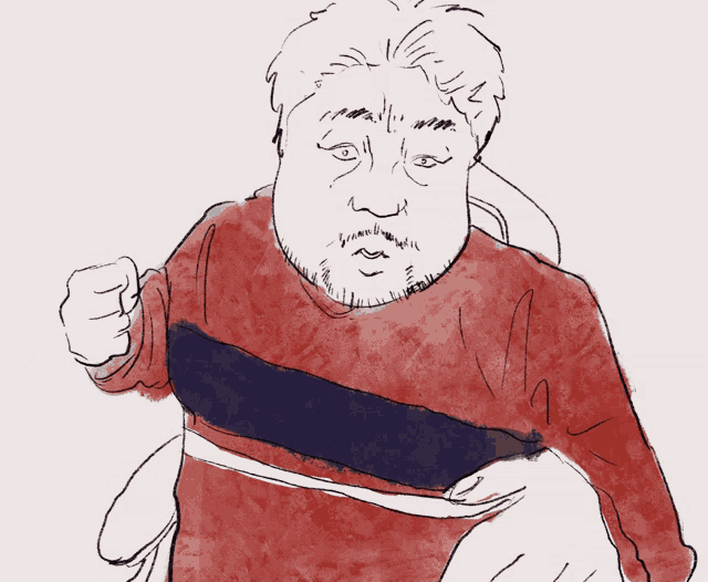 a drawing of a man with a beard wearing a red and black shirt