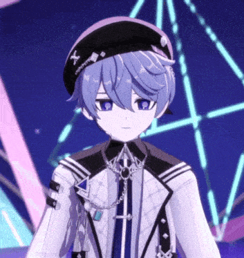 a cartoon character with blue hair and a black hat with a cross on it