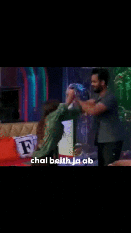 a man is holding a woman in his arms with the words chal beith ja ab written on the bottom