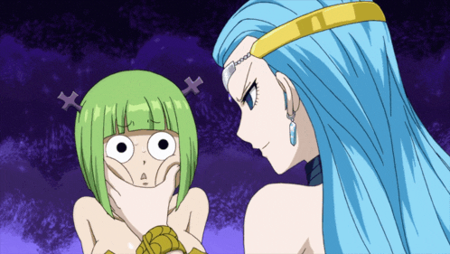 a girl with green hair is being held by a blue haired woman