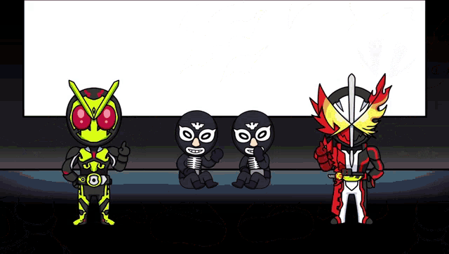 a group of masked riders are standing next to each other in front of a white board