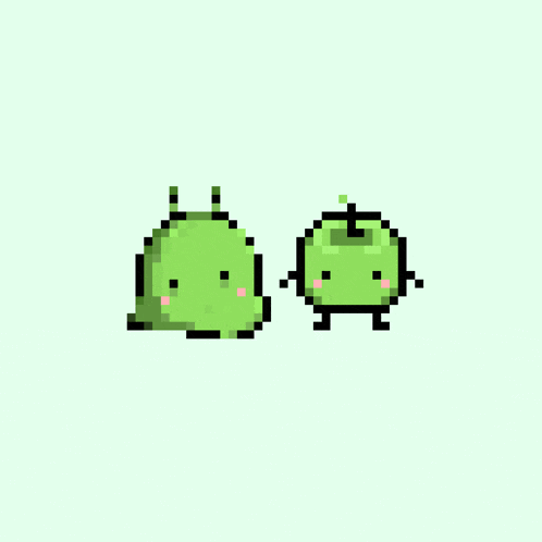 a pixel art of two green frogs standing next to each other .