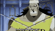 a cartoon of a man with a bandage on his head holding a sword