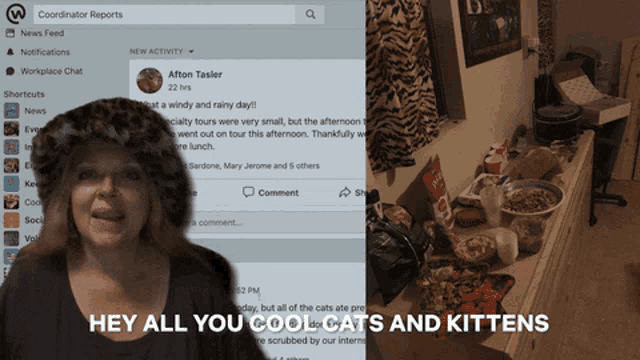 a woman says " hey all you cool cats and kittens " in front of a facebook post