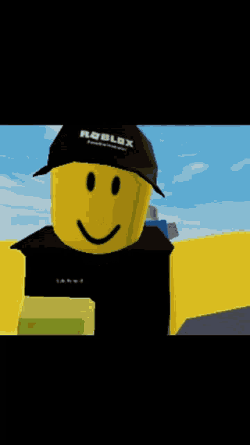 a roblox character wearing a black hat with a smiley face on it