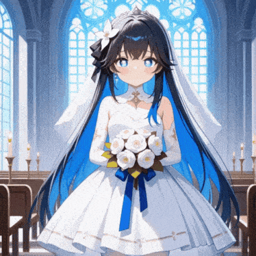 a girl in a wedding dress holds a bouquet of flowers