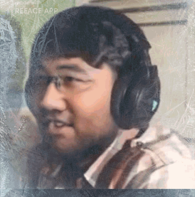 a picture of a man wearing headphones and glasses is made with the reface app