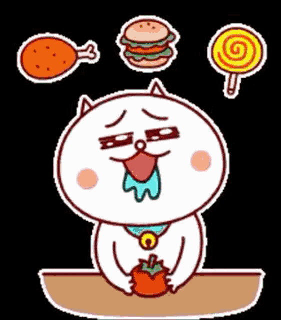 a cartoon cat is sitting at a table with a hamburger , chicken leg , lollipop and apple .