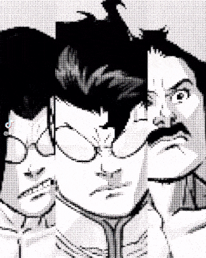 a black and white drawing of three men with glasses and mustaches