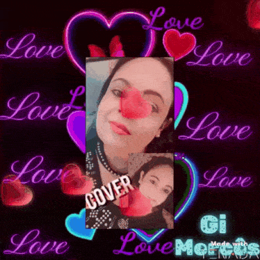 a woman 's face is surrounded by hearts and the word love