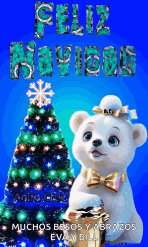 a picture of a teddy bear with a christmas tree in the background