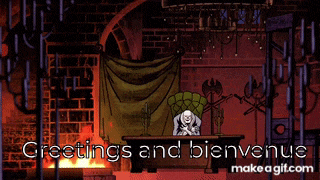 a cartoon of a man sitting in front of a fireplace with the words greetings and bienvenue
