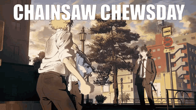 a poster for chainsaw chewsday shows a man in a suit and tie talking on a cell phone