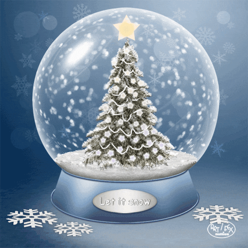 a snow globe with a christmas tree inside and the words let it snow below it
