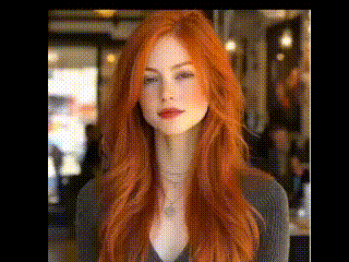 a woman with long red hair is wearing a gray sweater .