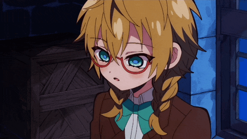 a girl with blonde hair and blue eyes is wearing glasses and a brown jacket
