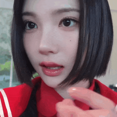 a close up of a woman 's face with a red jacket on