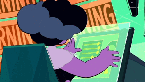 a cartoon character is looking at a computer screen with a warning sign behind her .