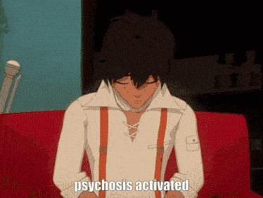a cartoon character is sitting on a red couch and the words psychosis activated are visible