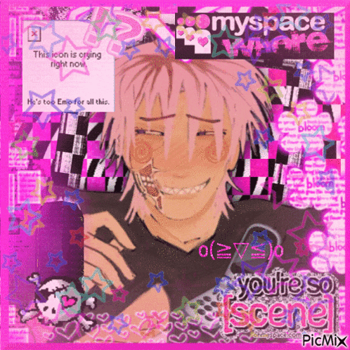 a picture of a boy with pink hair and a skeleton on his face with the words " you 're so scene " on the bottom