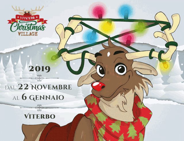 a poster for the viterbo christmas village shows a reindeer with christmas lights on its antlers