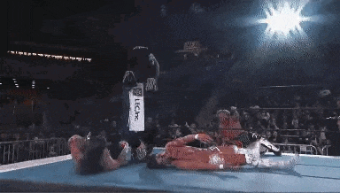 a wrestler is laying on the ground in a boxing ring .