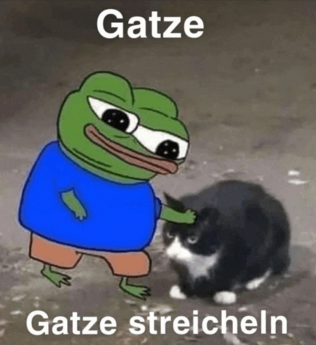 a frog in a blue shirt is petting a black and white cat with the caption gatze gatze streicheln