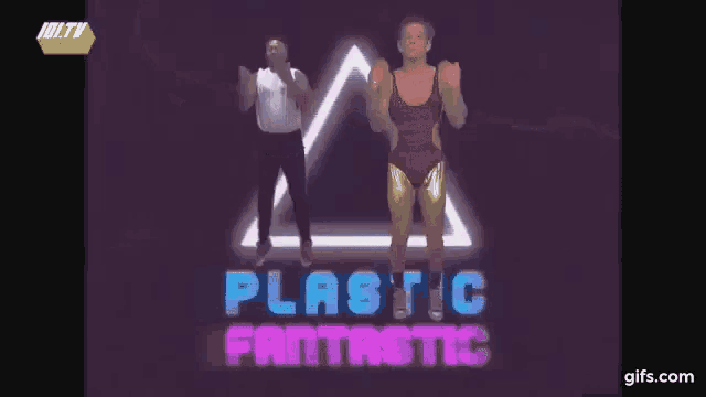 a man and a woman are dancing in front of a logo that says plastic fantastic
