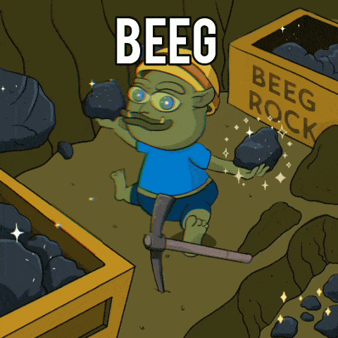 a cartoon of a goblin holding a pickaxe in front of a beeg rock box