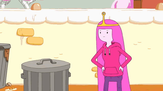 princess bubblegum from adventure time stands in front of a trash can