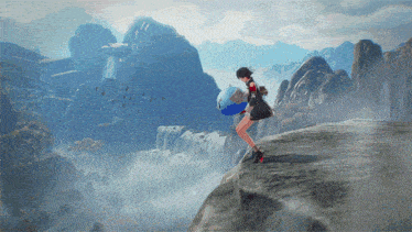 a girl is standing on the edge of a cliff