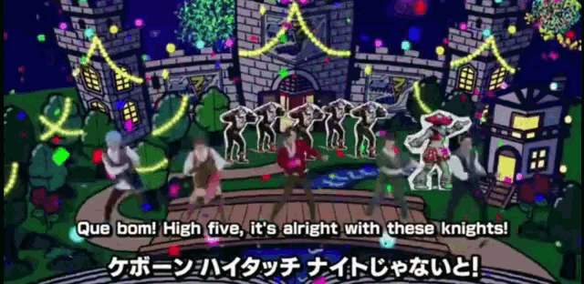 a group of people are dancing in front of a castle with the words que bom high five