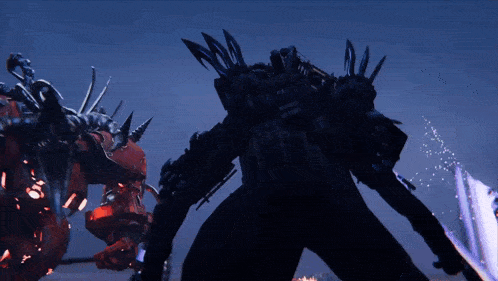 a giant robot with a sword is standing next to a smaller robot