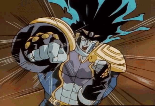 a cartoon character from jojo 's bizarre adventure is holding a giant fist .