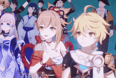 a group of anime characters including a boy and a girl are posing for a picture
