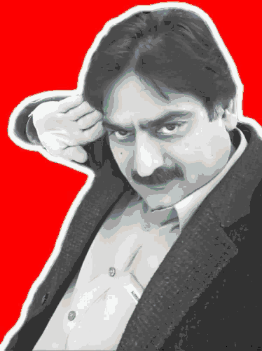 a man with a mustache wearing a shirt that says akbar