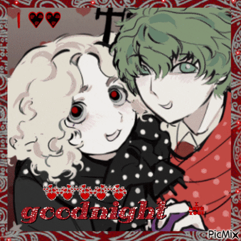 a picture of two anime characters with the words goodnight written in red