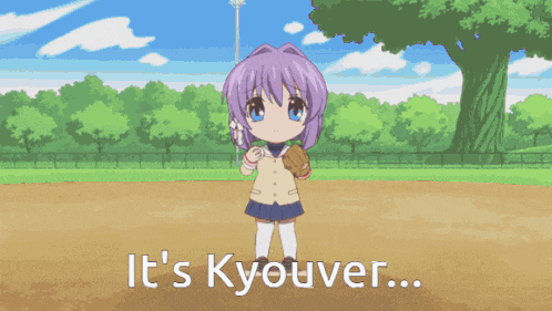 a girl with purple hair is holding a baseball and the words it 's kyouver