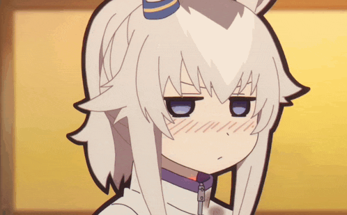 a close up of a cartoon character with white hair and a horn