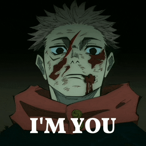 a picture of a man with blood on his face and the words i 'm you