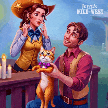 an advertisement for jewels of the wild west shows a man and woman with a cat