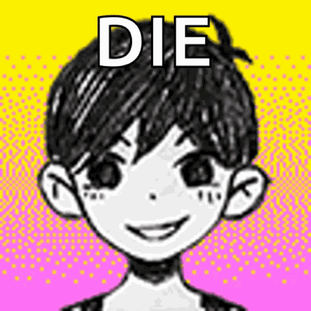 a black and white drawing of a boy with the word die above him .