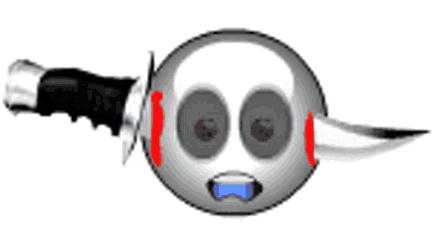 a smiley face with a knife sticking out of it 's mouth .