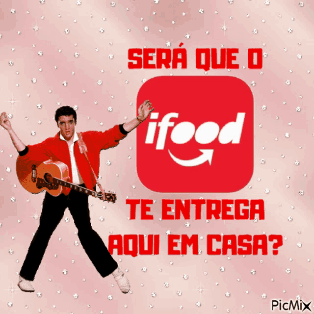 elvis presley holding a guitar in front of a red ifood logo