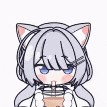 a cartoon girl with cat ears is drinking from a cup with a straw .