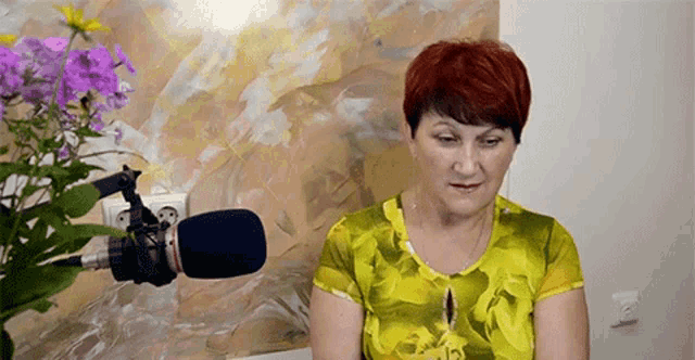 a woman is sitting in front of a microphone in front of a painting .