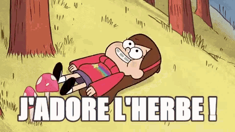 a cartoon of a girl laying on the ground with the words `` j 'adore l ' herbe ! ''
